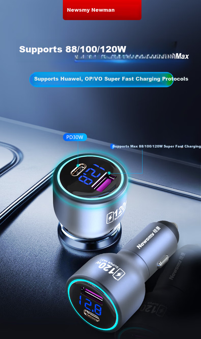 Newsmy Car Charger with Full Protocol Super Fast Charging Cigarette Lighter Adapter Dual USB [88W/120W+30W] 1