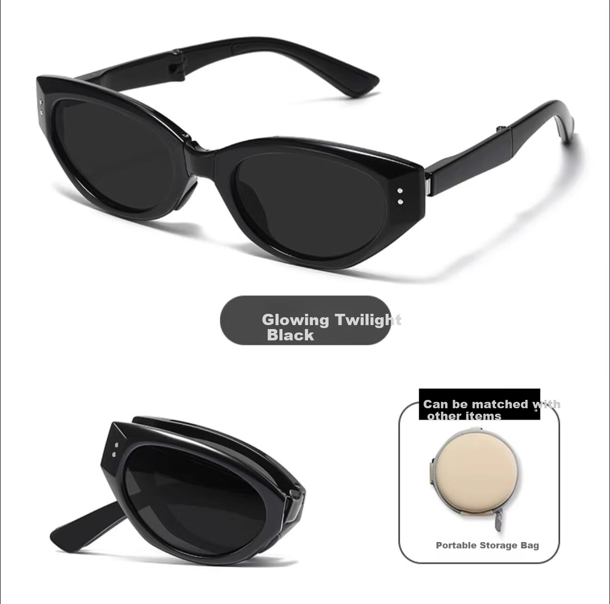 Angelamiao Foldable Sunglasses for Women, Portable UV Protection Polarized Sunglasses with High-End European And American Style Cat-Eye Design, Eye-Catching Black 4
