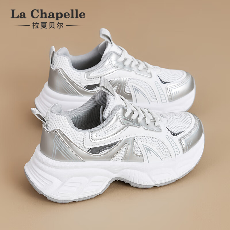 LA CHAPELLE Women's Dad Sneakers Mesh Breathable Thick Sole Height Increasing Sports Shoes MJ888-35 White Size 35