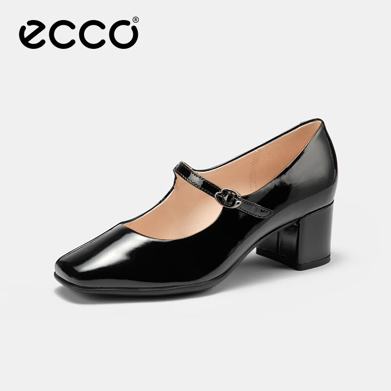 ECCO Retro Fashion Elegant Square-Toe Mary Jane Chunky Heel High Heels, Shape 290963, Black, Size 35