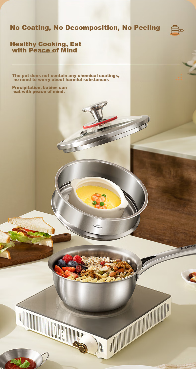Kobach Non-Stick Milk Pot, Thickened 316L Stainless Steel, Uncoated Baby Food Pot, Three-Layer Composite Bottom, Suitable for Stove And Oven, 16cm 5