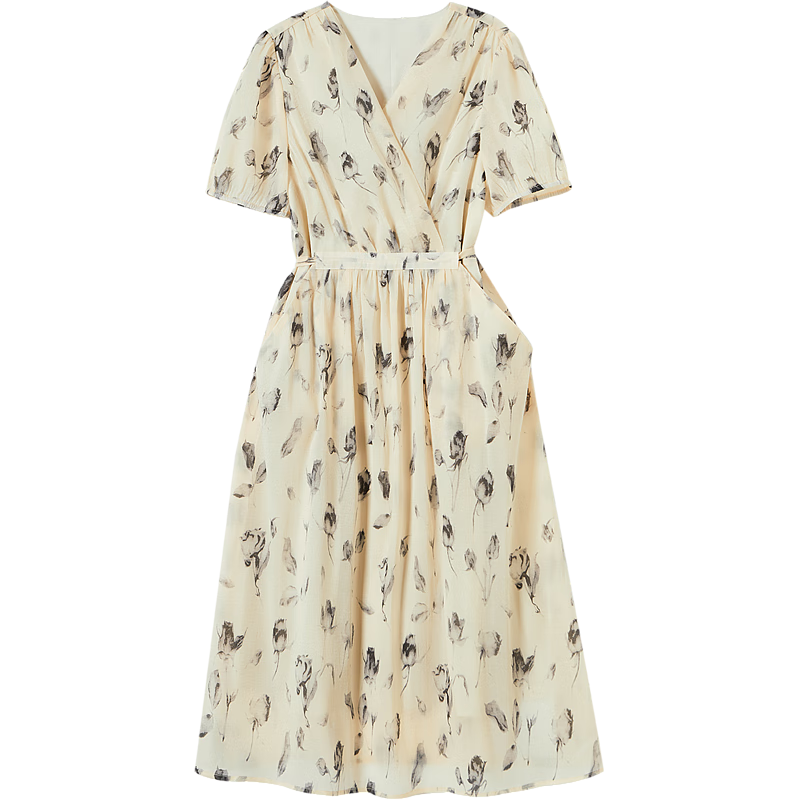 Dme [Anniversary] Summer V-Shaped Overlapping Collar Puff Sleeve Tea Break Dress, Wrinkled Thin Tulle Tulip Print Dress for Wome