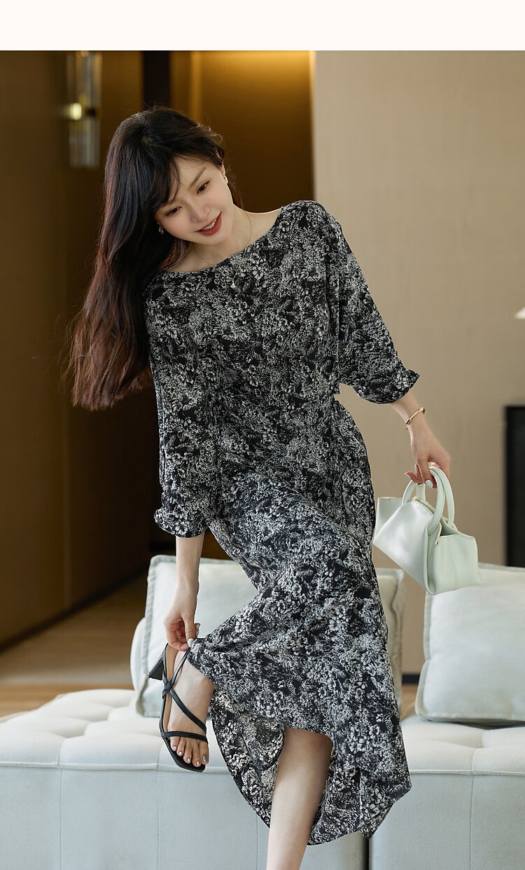 Demana Composite Silk Huayao Print Spring French Style Boat Neck Waist Cinched Floral Raglan Wrap Patchwork Women's Dress 12
