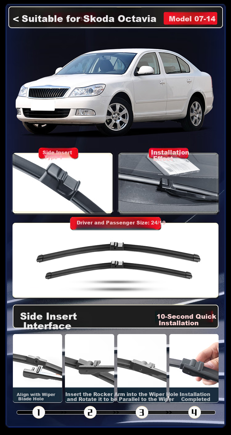 Ouji Boneless Wiper Blade for SAIC Skoda Octavia [2007-2014 Models], Original Size A-Grade Rubber Strip 2