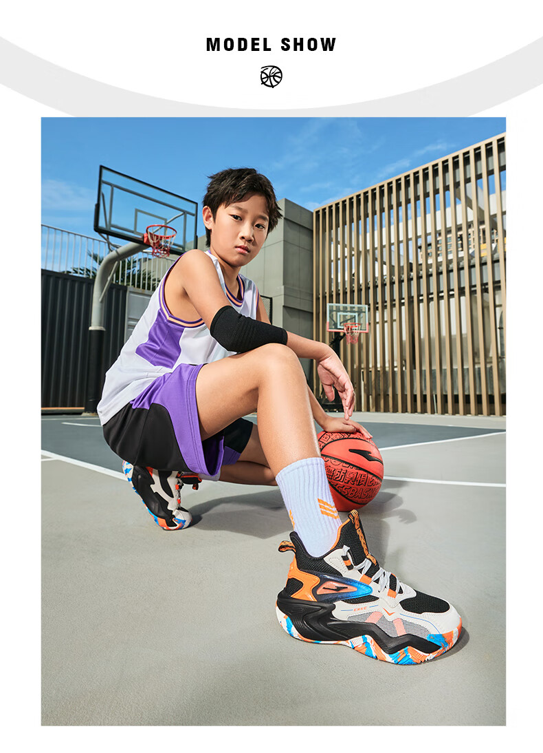 ERKE Children's Basketball Shoes for Spring, Boys' Lace-Up Shock-Absorbing Sneakers, Micro-Crystal White/beeswax Orange, Size 39 19