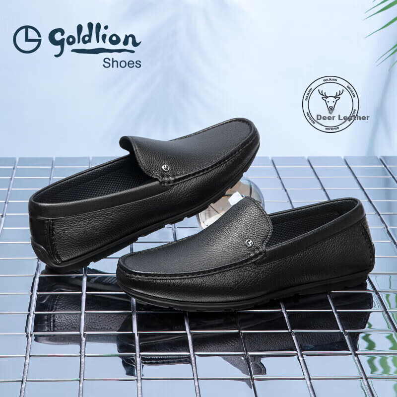 Goldlion Men's Shoes, Business Casual Deer Leather Shoes, Lightweight Slip-On Loafers, G567410232AAB, Black, Size 42