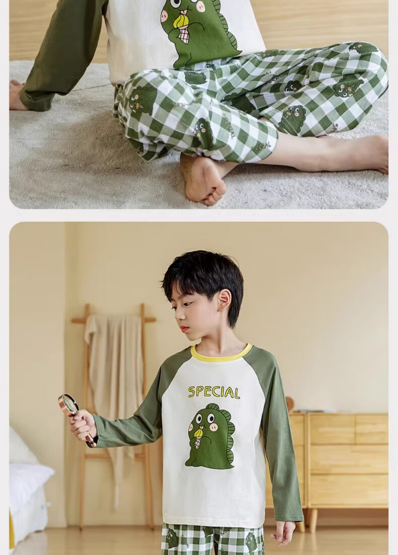 Langsha Boys' Pajamas Spring Autumn 2026 New A-Class Pure Cotton Children's Homewear Set Big Kids Autumn Tops and Bottoms 14