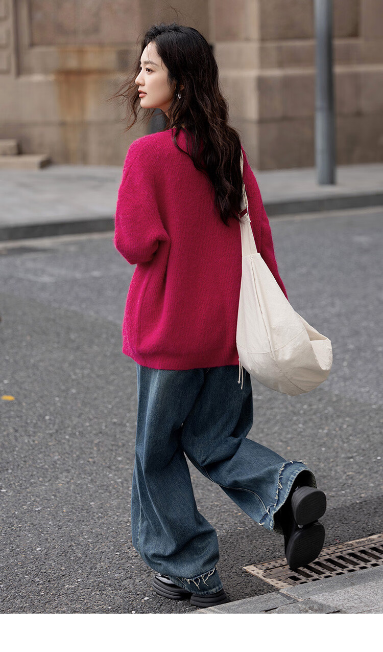Dme [Duobangyan Rose Red] Spring And Autumn Cardigan-Style, Brightening Effect, Elegant Long-Sleeve Soft Knit Sweater for Wome 10