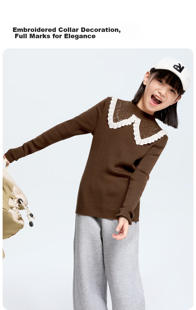 Annil Girls' Mid-Neck Knit Sweater, New Winter 2024 Style, Cloud Sweater Brown, Size 130 3