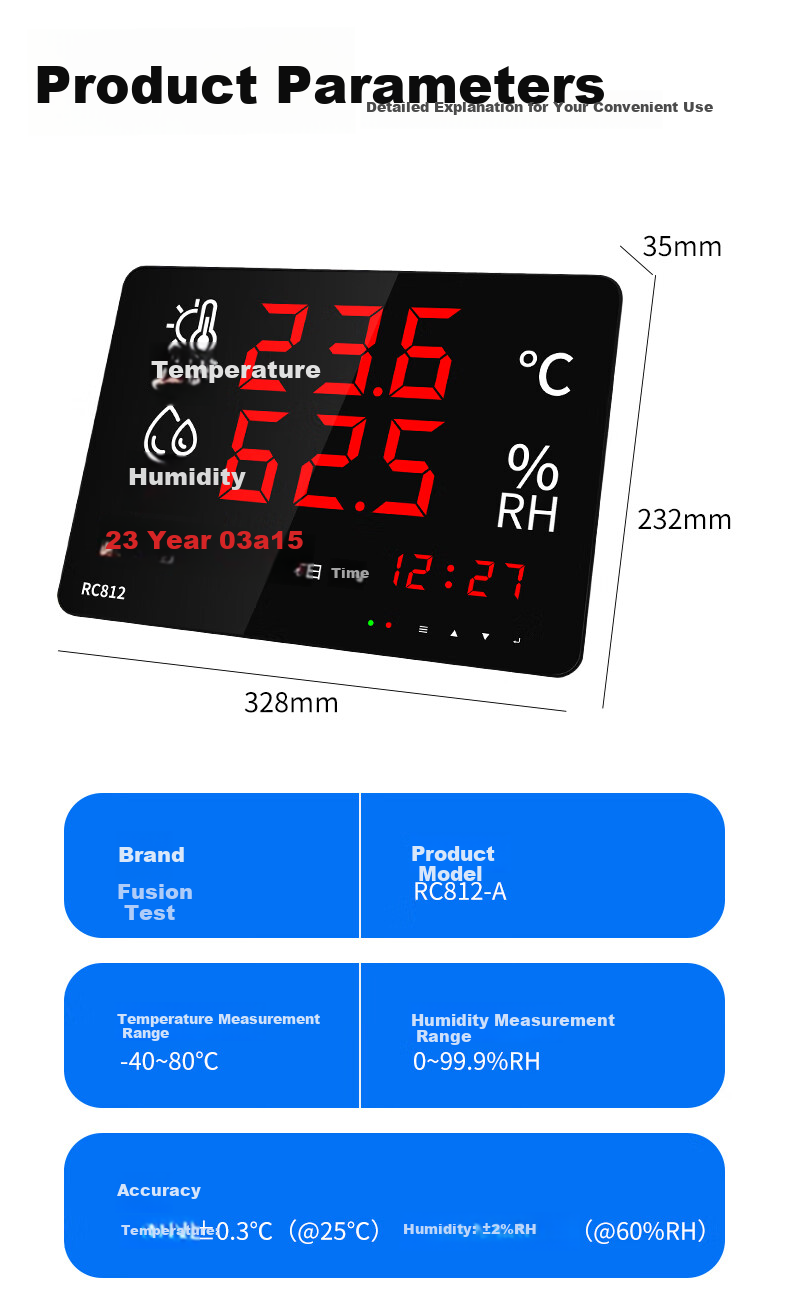 Rongce Industrial-Grade Temperature And Humidity Meter, Indoor Home Large-Screen Display Recorder, Embedded RC812 with Built-In Probe 8