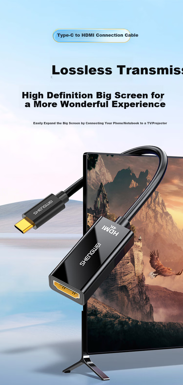 Shengwei USB-C to HDMI Converter Cable, 4K Adapter for Apple 17/16/15/MacBook, Huawei P60 Phone Screen Mirroring Cable to TV, Model AH1015G 2