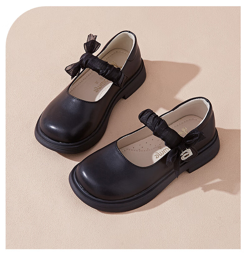 Follow Me Girls' Leather Shoes Spring And Autumn Soft-Soled Breathable Square-Toe Flats for Older Children, Student Black Performance Shoes, Black, Size 26 6