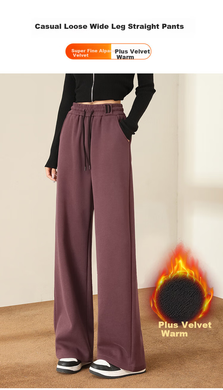 DME Fleece-Lined Thick Warm Slim-Fit Wide-Leg High-End Flattering Loose Elastic Waist Trousers, Black, XL 1