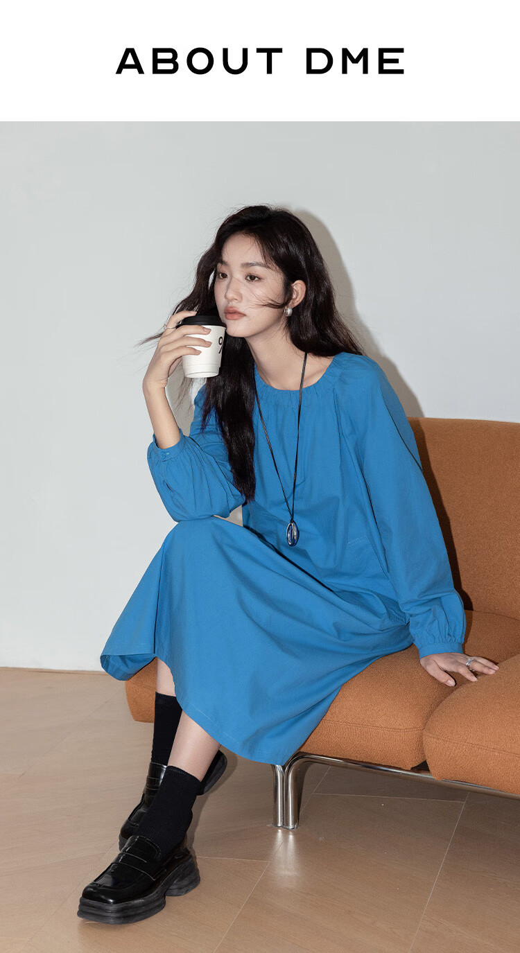 Dme Simple Healing Blue Long Dress Spring Autumn Round Neck Pullover Gathered Long Sleeve Mid-Length Dress 1