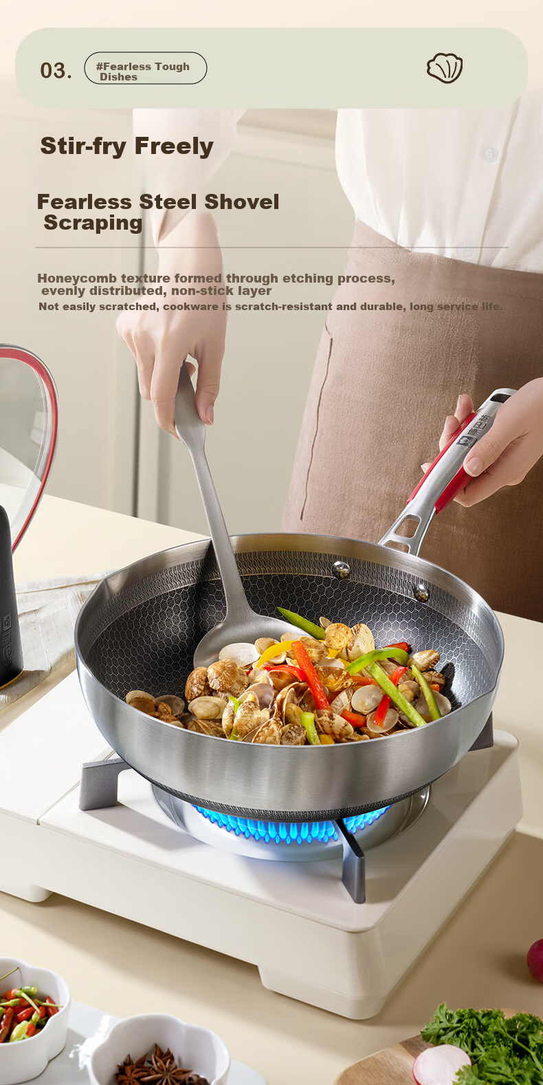 KBH Fifth Generation Wok, 316L Stainless Steel, Elegant Pan, Double-Sided Honeycomb Flat Bottom Frying And Stir-Frying Pan, Non-Stick Pan, Low Smoke 6