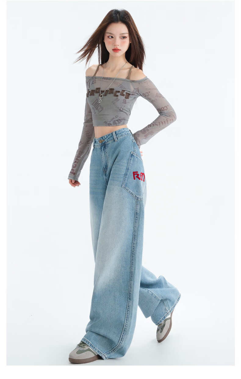 LangSha Embroidered Wide-Leg Jeans for Women, Spring 2025 Thin Vintage Style with Large Pockets, High-Waisted Washed Straight-Leg Jeans 10