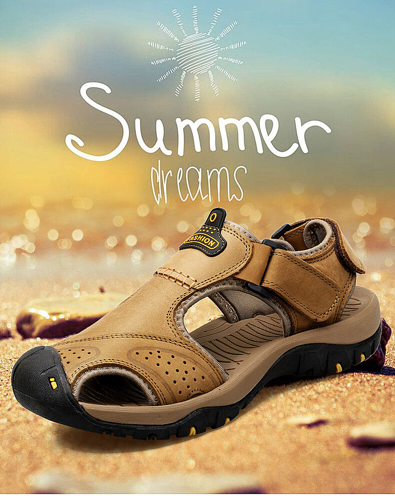 CARTELO Men's Sandals, Summer Roman-Style Closed-Toe Beach Shoes, Top-Grain Leather Perforated Shoes for Men, CS01, Khaki, Size 41 1