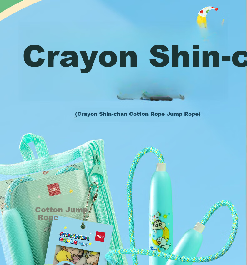 Deli Crayon Shin-Chan Co-Branded Cotton Jump Rope for Children And Students, Durable Cotton Material, Pink, Includes Stationery And Stickers 2