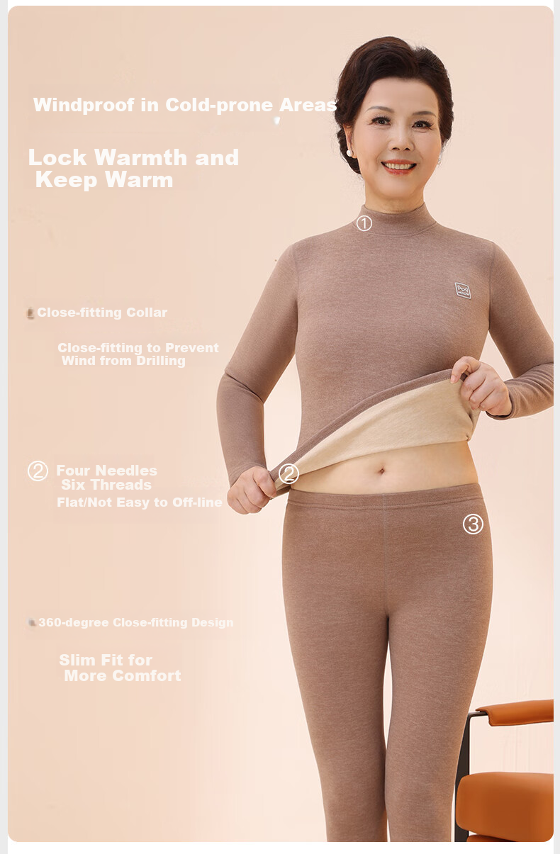 MiiOW [Goose down And Tencel] Thermal Underwear Set for Men And Women, Autumn And Winter Thickened Middle-Aged And Elderly Semi-Turtleneck Autumn Top And Pants 19