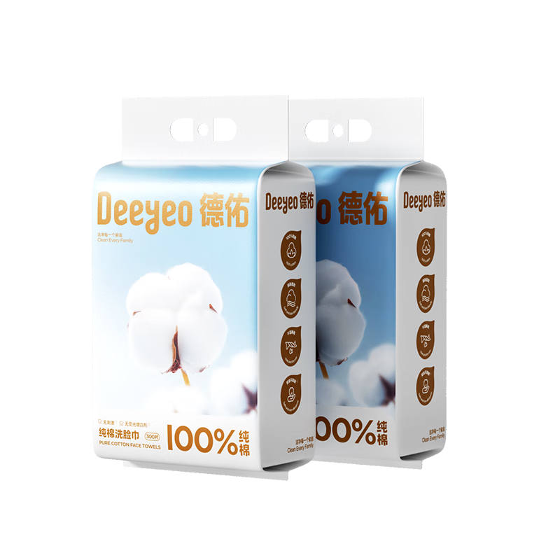 Deyou Facial Wipes 300 Sheets x 2 Packs Wall-Mounted 100% Cotton Large Size Dual-Use Disposable Towels Baby Soft Cotton Towels