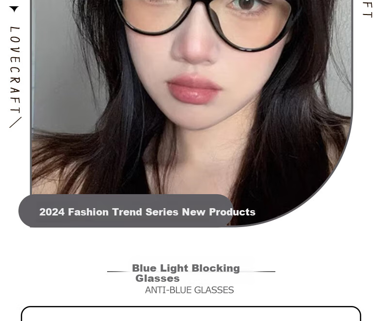 LOVECRAFT Black, Plain Women's Retro Anti-Blue Light Flat Eyeglass Frames, European And American Round Face Ultra-Light Cat Eye Glasses 2