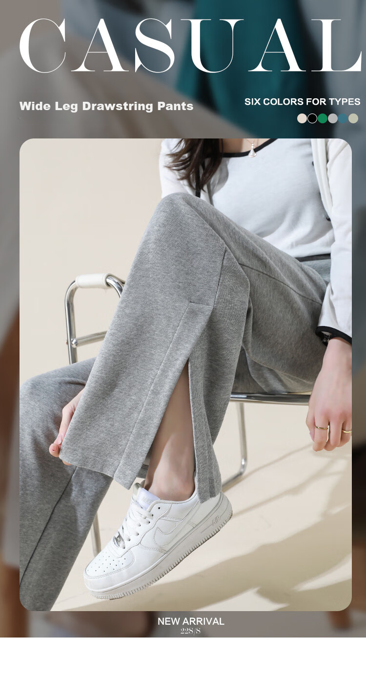 Dme [Knitted Pants] Spring And Autumn Commuter Women's Trousers with Drawstring Elastic Waist Straight Casual Wide-Leg Pants for Wome 1