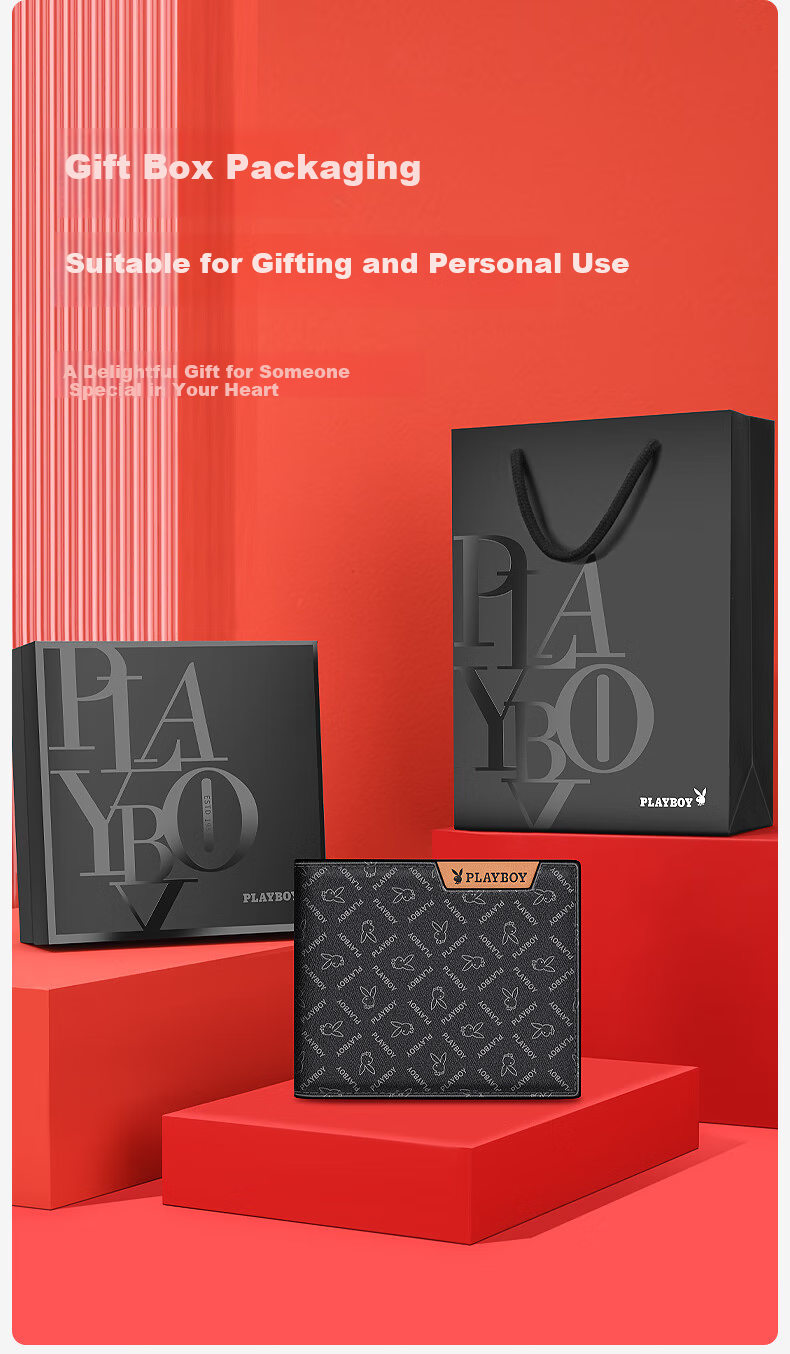 PLAYBOY Wallet, Men's Business Casual Short Horizontal Style, Card Holder, ID Card Holder, Bill Holder, Leather Wallet, Birthday Gift Box for Boyfriend 7