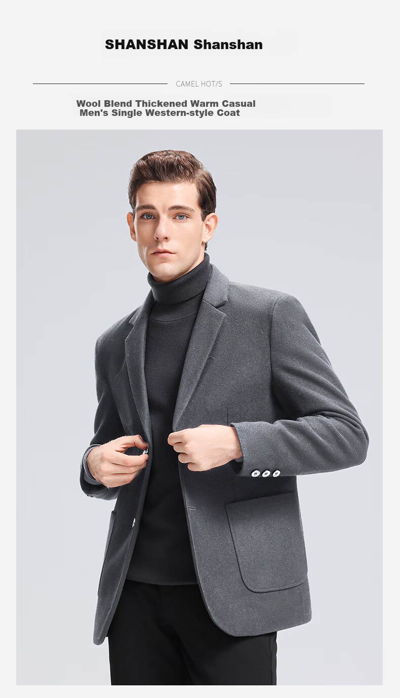 SHANSHAN Wool Blazer Jacket for Men Autumn Winter Warm Easy-Care Dad Style Work Commute Single-Breasted 1