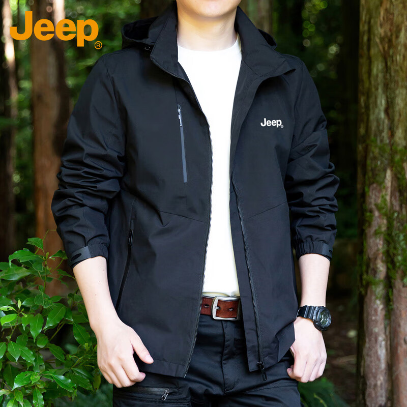 JEEP Men's Jacket Casual Hooded Loose Outdoor Coat Black M