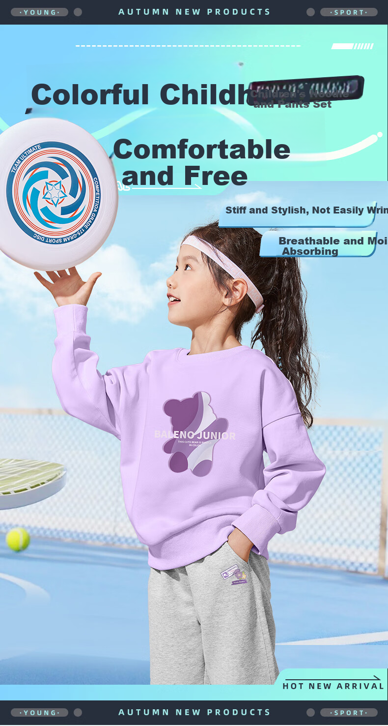 Baleno Girls' Spring And Autumn Outfit 2024, Fashionable Round Neck Sweatshirt for Little Girls, Children's Autumn Sweatpants Two-Piece Set 1