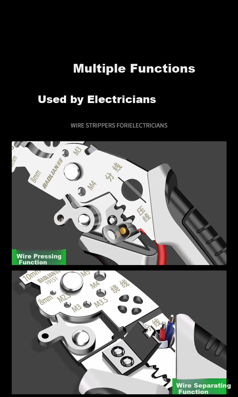 Baolian Wire Stripping Pliers, Multi-Functional Fiber Optic Cable Cutter for Electricians, Stainless Steel Bent-Nose Model 8