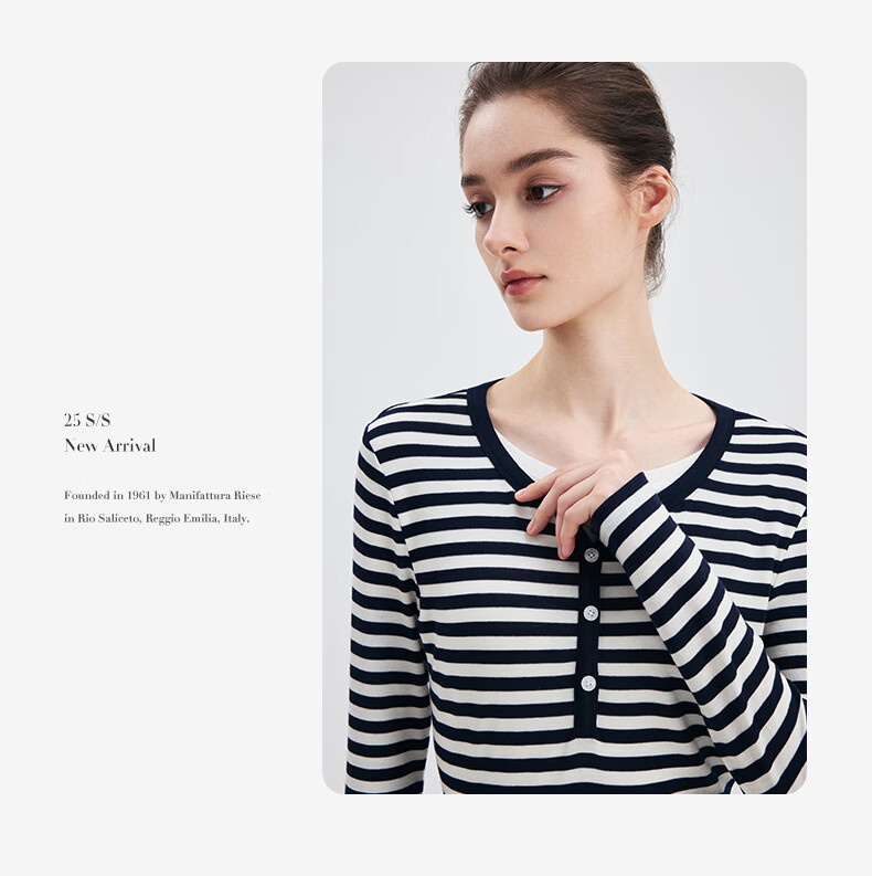 Navigare Women's Fashion Slim-Fit Striped Comfortable Faux Two-Piece Long-Sleeve T-Shirt 2315005502 14