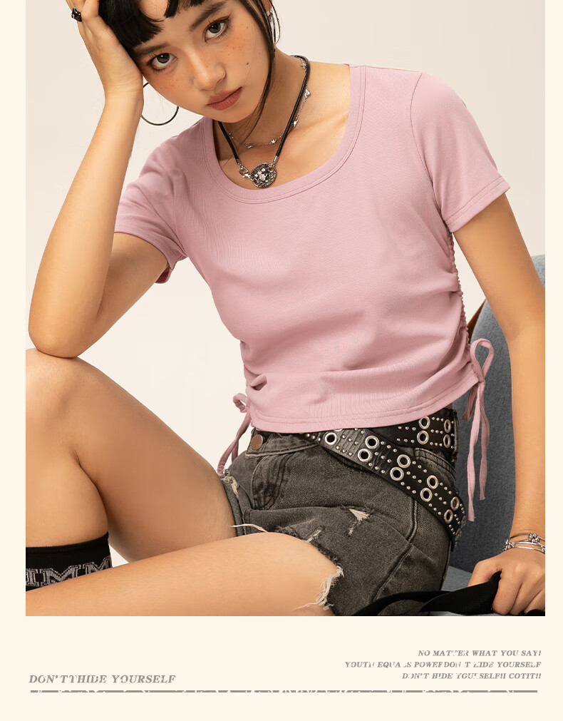 Warrior Red Short Sleeve T-Shirt Women Summer 2026 New Knitted Drawstring Half Sleeve Slim Waist Crop Top 14
