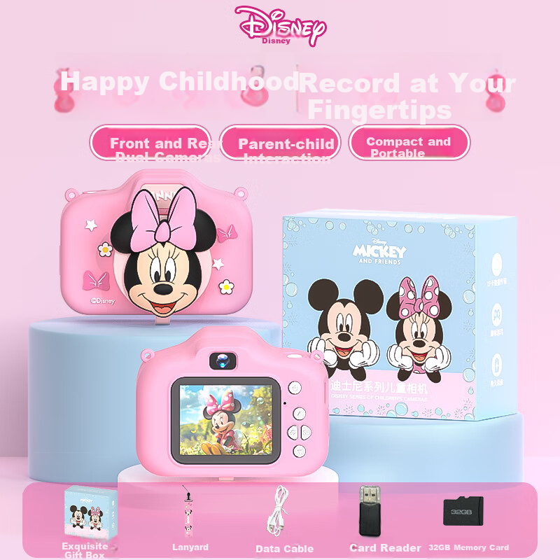 Disney Children's Digital Camera, Student Compact Camera, Pocket Camera for Photography And Travel, Dual-Lens Camera for Boys And Girls, Birthday Gift for Students, HD01 Minnie