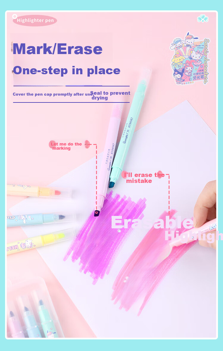 GuangBo Dual-Tip Erasable Highlighters, 6 Colors, Sanrio Collaboration Student Exam Review Highlighting Pens, Aesthetically Pleasing Journal Markers Office Marker KT84587 3