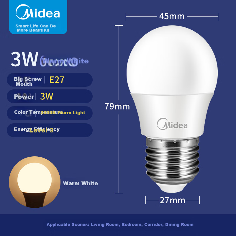 Midea LED Light Bulbs, Energy-Saving E27 Large Screw Base, Household Lighting Source, 3W Warm White Globe Bulbs, Pack of Three