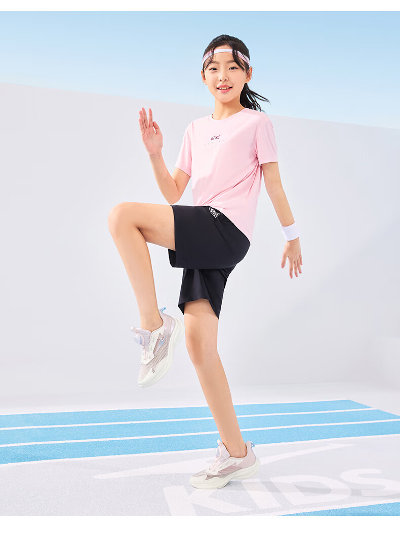 ERKE Children's Shoes, Boys And Girls Rotary Buckle Lightweight Running Shoes, Kids Hollow Breathable Sneakers, Micro-Crystal White/pure Pink, Size 33 12