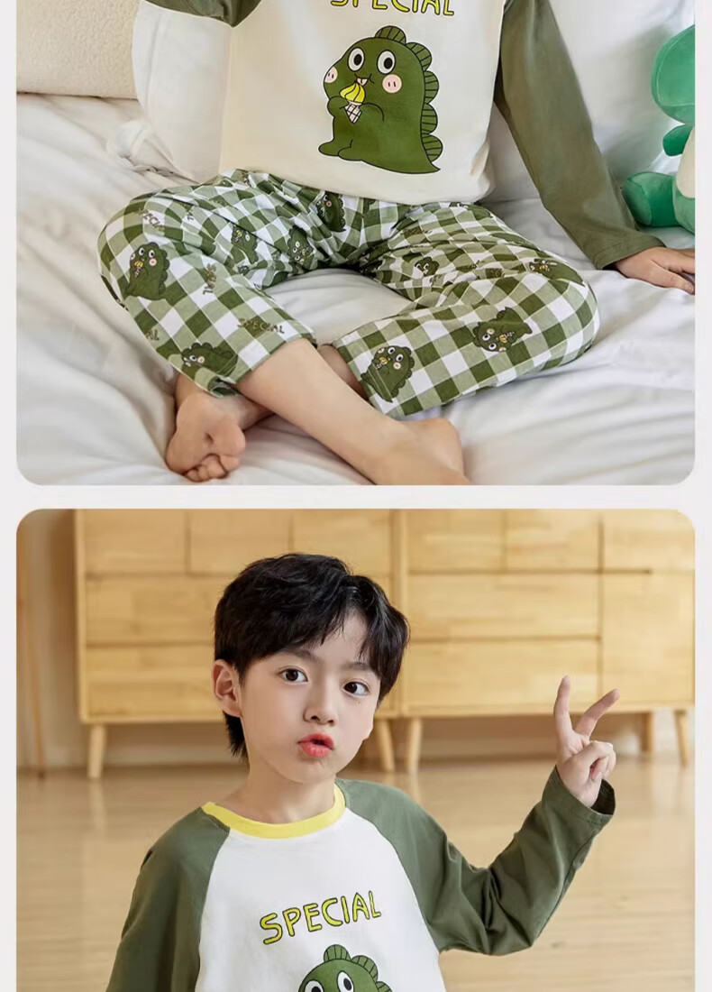 Langsha Boys' Pajamas Spring Autumn 2026 New A-Class Pure Cotton Children's Homewear Set Big Kids Autumn Tops and Bottoms 13