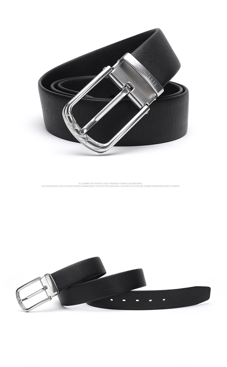 ELLE HOMME Men's Leather Belt, Fashionable Pin Buckle Waistband, Top-Grain Cowhide Trouser Belt for Men 11615, Black And Silver Birthday Gift for Me 3