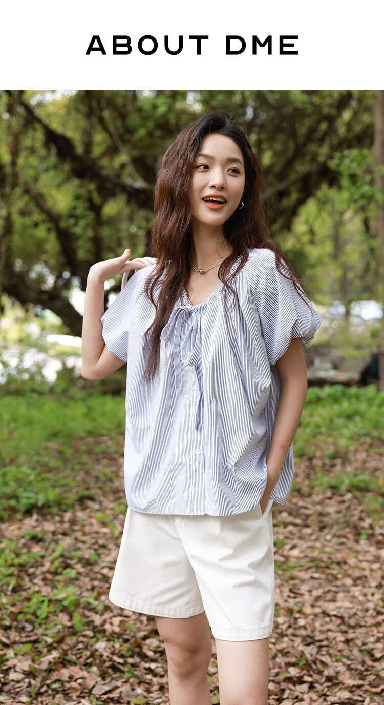Dme [Academic Style Striped Shirt] Summer Youthful Lantern Sleeve Collar Butterfly Stripe Short-Sleeve Women's Shirt 1