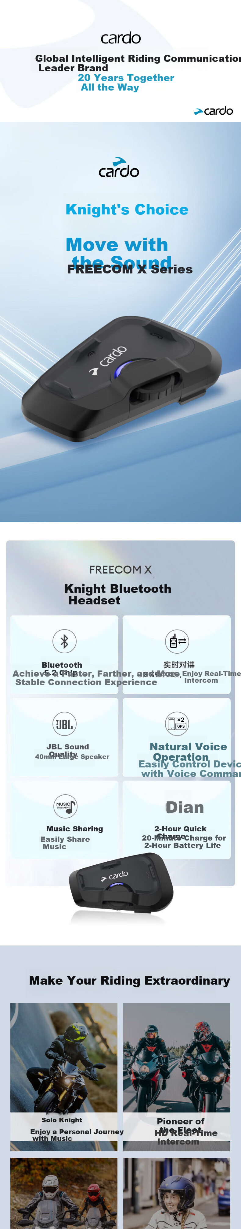 CARDO Motorcycle Helmet Bluetooth Headset, Riding Noise Reduction Waterproof, FREECOM2xSingle Original Box 1
