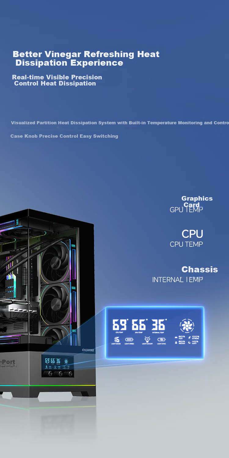 Enermax D58AIR Air Conditioner Seaside Case, Black, Visible Temperature Display, External Knob Control with 23 Light Effects, Supports 360mm Water Cooling, M-ATX/ATX Motherboard Compatible 3
