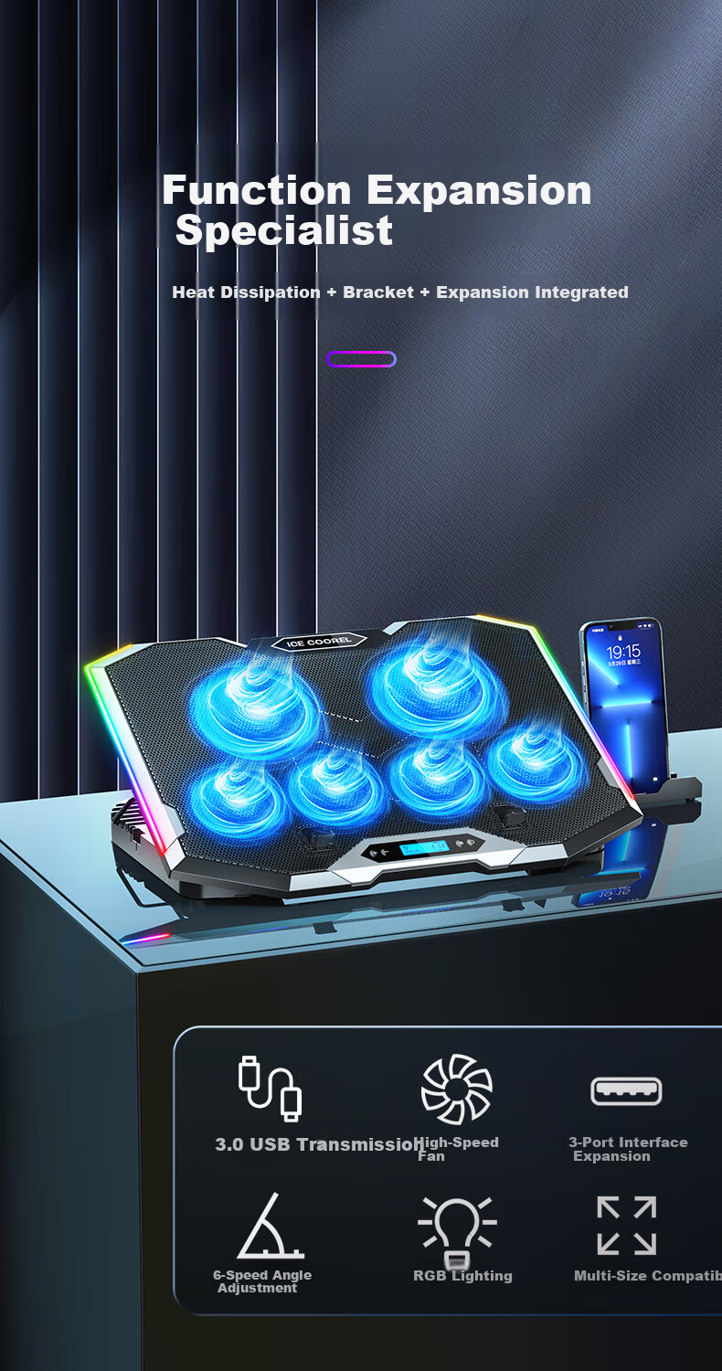 ICE COOREL K9 Pro Laptop Cooling Pad, Computer Desk Riser Stand, Gaming Laptop Cooling Base with USB 3.0 Port And RGB Lighting, Suitable for Lenovo Legio 1