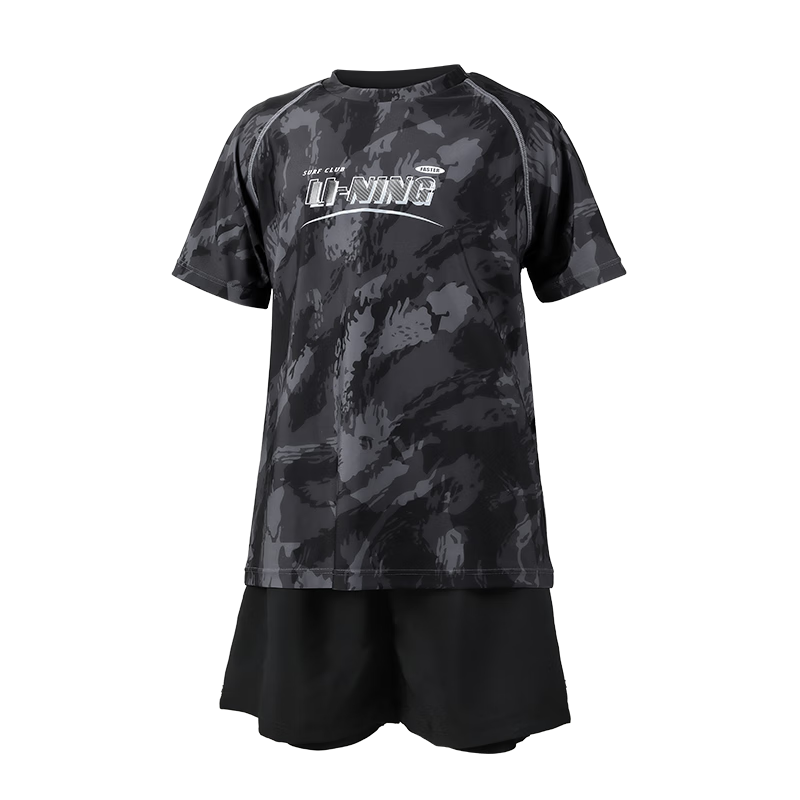 Li-Ning Children's Swimwear, Boys' Swimsuit for Older Kids, Youth Two-Piece Surfing Suit, Swimming Trunks, 8132 Black, Size 160