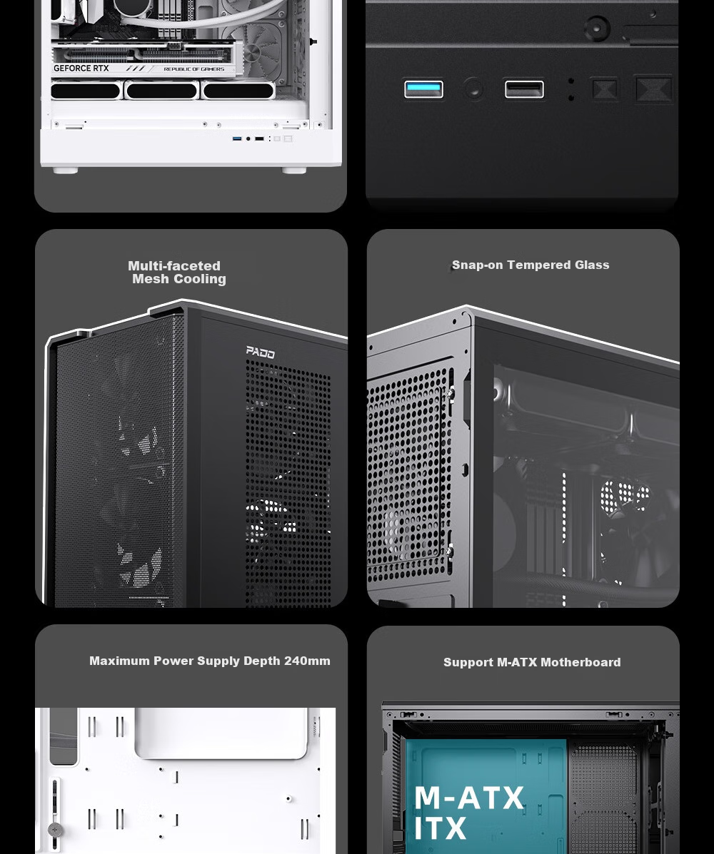 PADO W6 White MESH Mesh Cooling Case (Supports MATX Motherboard, Glass Side Panel, Steel Mesh Front Panel, Independent PSU Compartment, Dust Filter, Supports 4080 Graphics Card) White 6