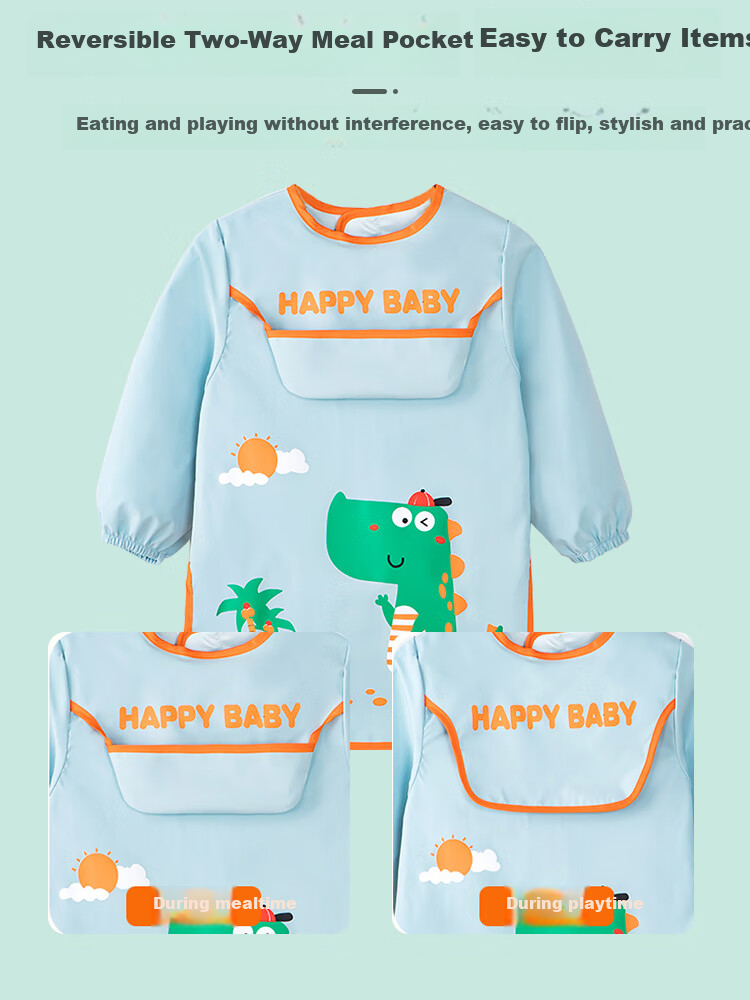 9I9 Baby Eating Apron, Long-Sleeve Waterproof And Stain-Resistant, Infant And Child Bib, Drawing Smock, Velcro A257 Dinosaur 4