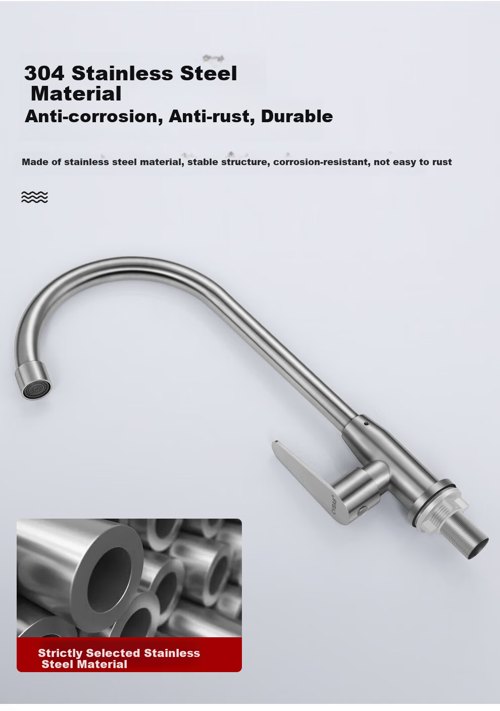 CVBAB Kitchen Single Cold Water Tap, Household Vegetable Washing Sink Faucet, 304 Stainless Steel Rotating Single Cold Tap, CV1365 7