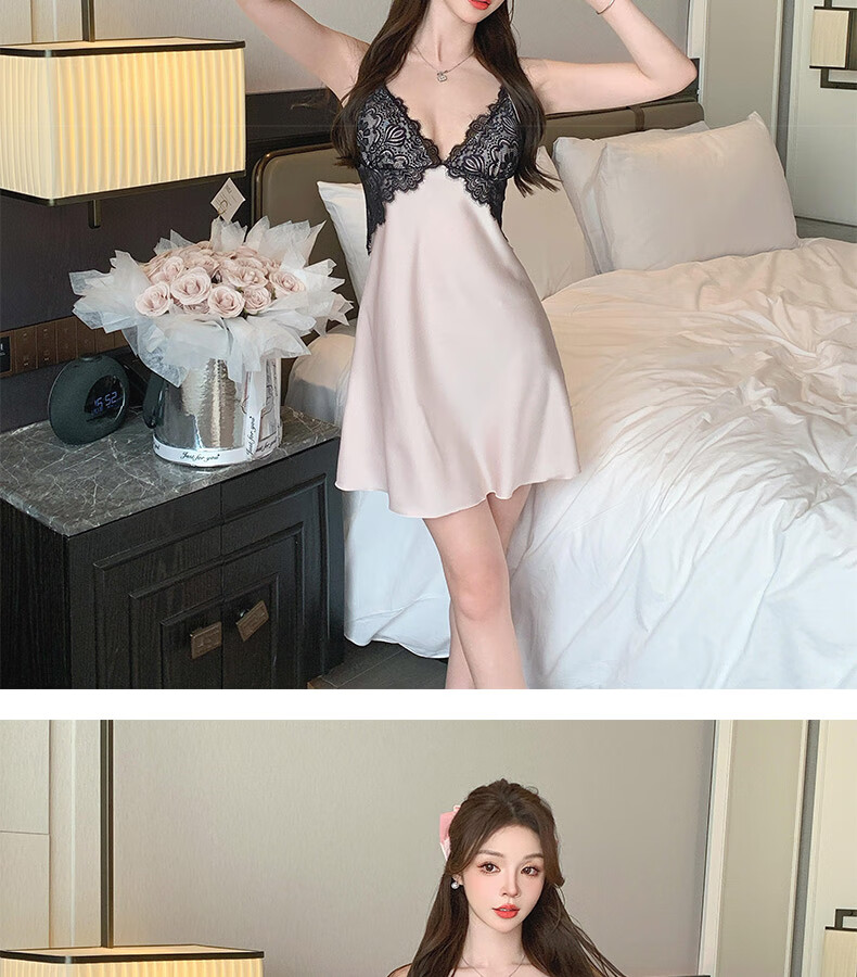 YINSLEEP Summer Thin Purple Elegant Satin Light Luxury Lace Nightgown, French Pure Desire Style Sexy Spaghetti Strap Sleepwear 9
