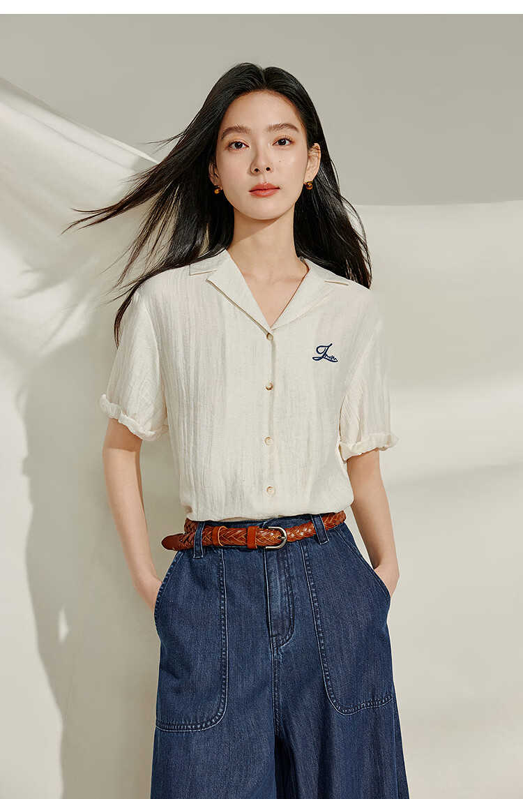 INMAN Summer 2026 Women's Blue Short Sleeve Linen Wrinkle Texture Shirt Light Blue XL 13