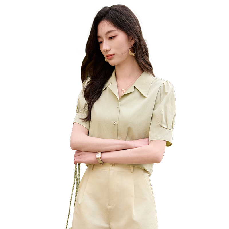 Chushen Summer Short Sleeve Shirt Women Fashion Lapel Design Commuter Casual Blouse S52S004 Light Yellow L